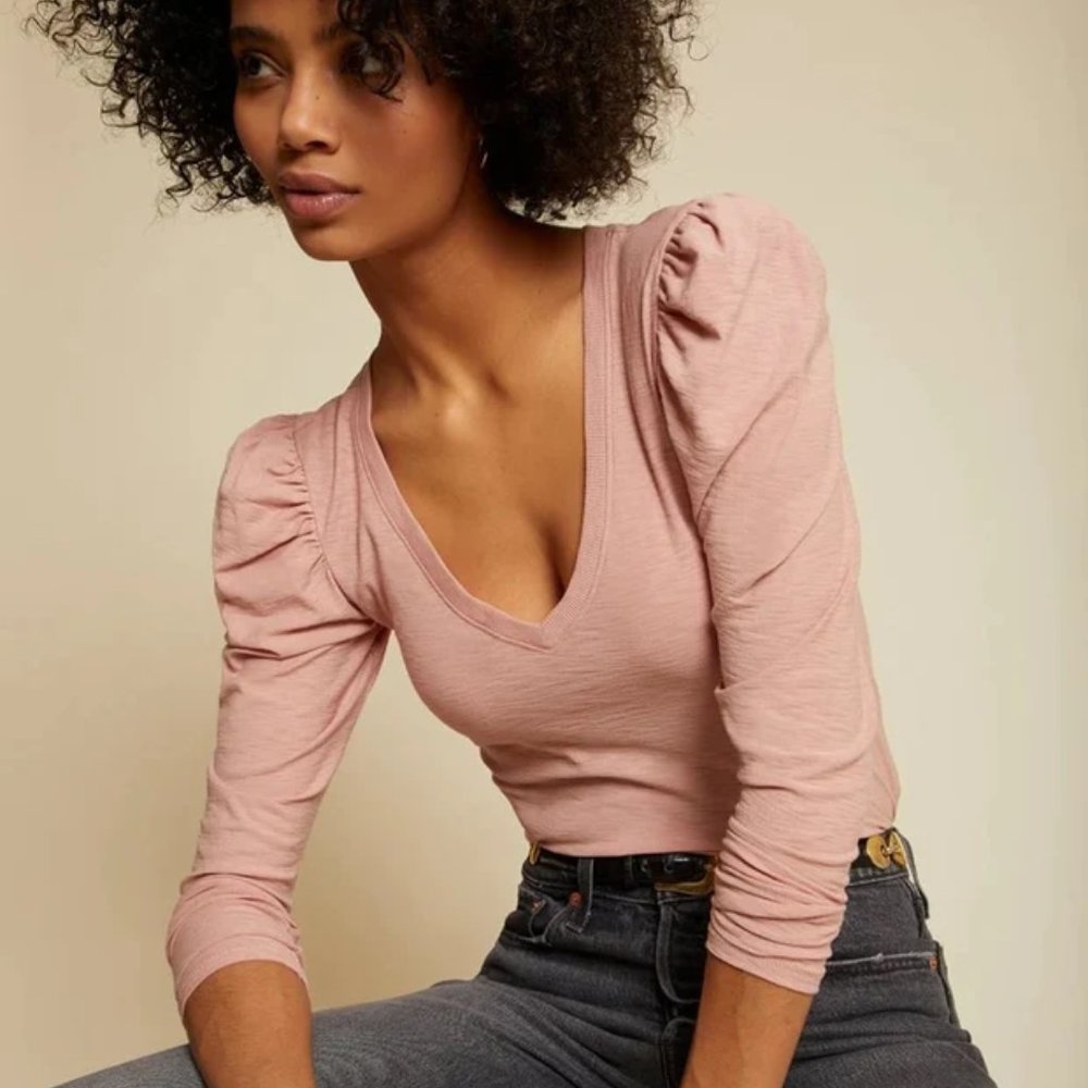 Nation LTD Dusty Pink V-Neck Puff Sleeve Top